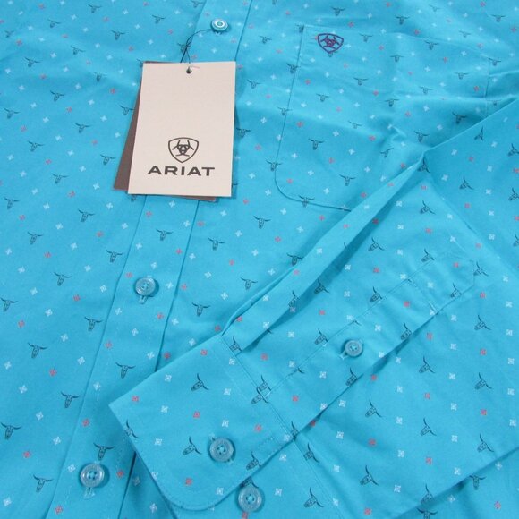 Ariat Men's Long Sleeve Millke Classic Fit Longhorn Print Button Shirt Turquoise - Picture 3 of 4